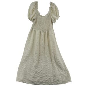 URBAN RUSS Cream Smocked Puff Sleeve Baby Doll Victorian Midi Dress Women 14